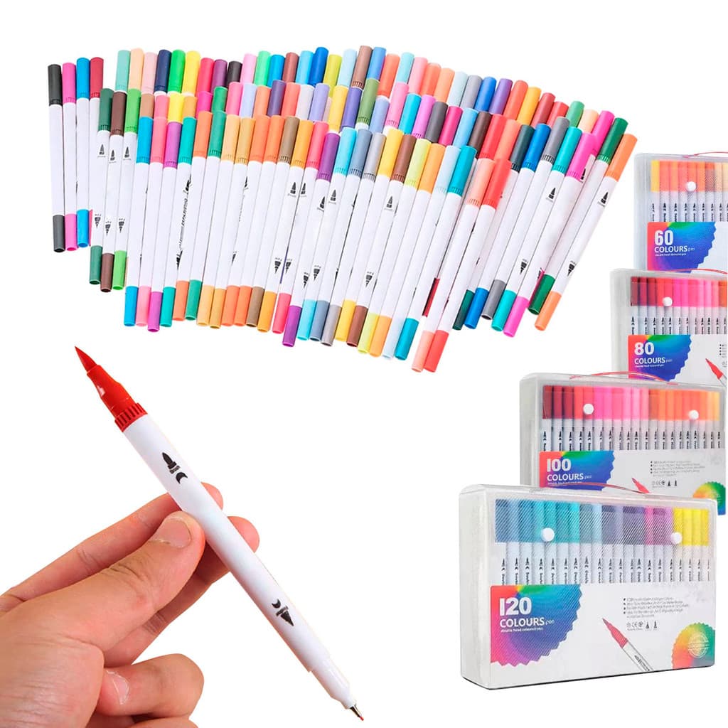 Kit 12/24/36/48/60 Cores 2 Em 1 Pincel Caneta Para Letras E Dupla De Ponta Fina Marcador De Desenho Colorir