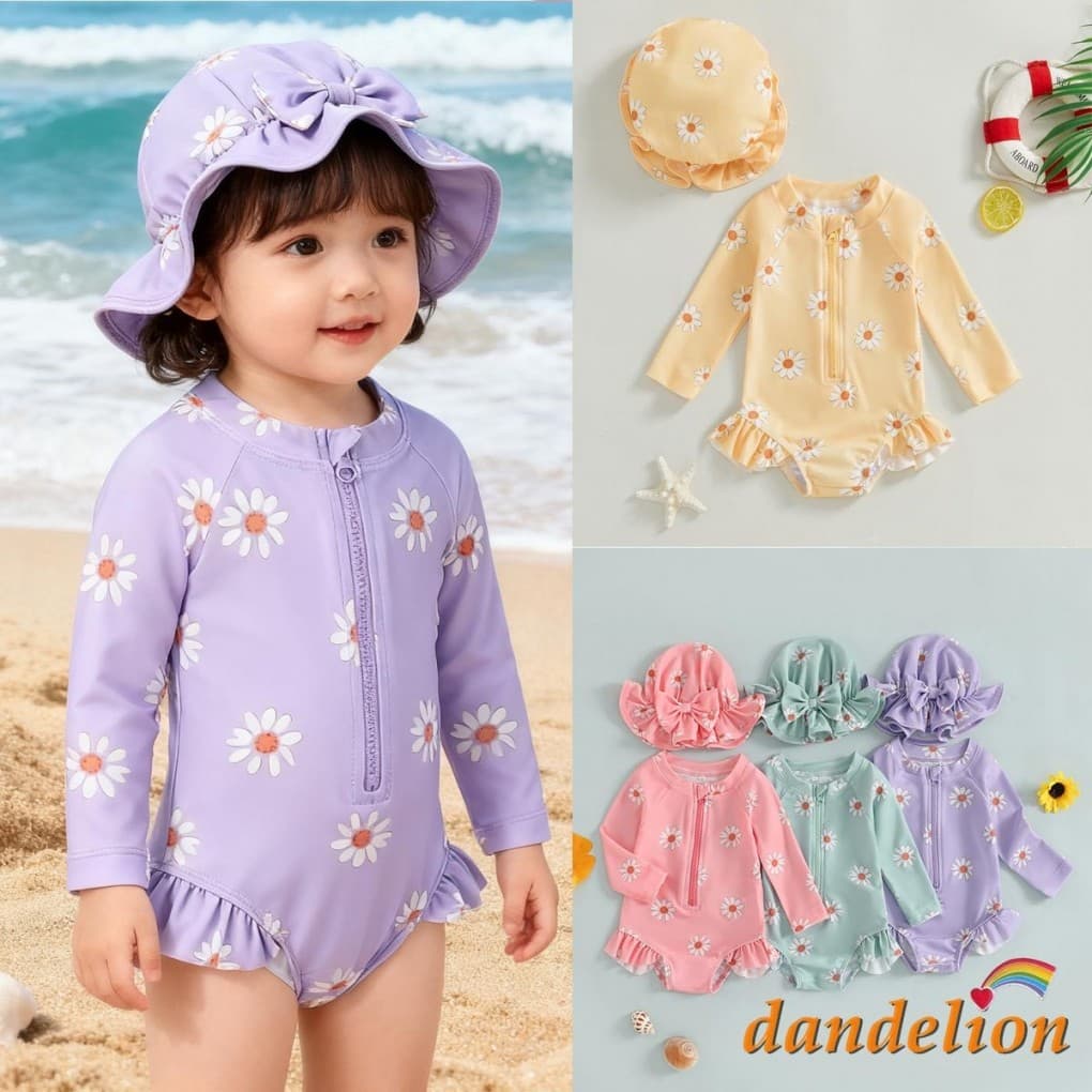 Maiô De Manga Comprida Com Estampa Floral E Zíper Para Bebês Meninas Chapéu