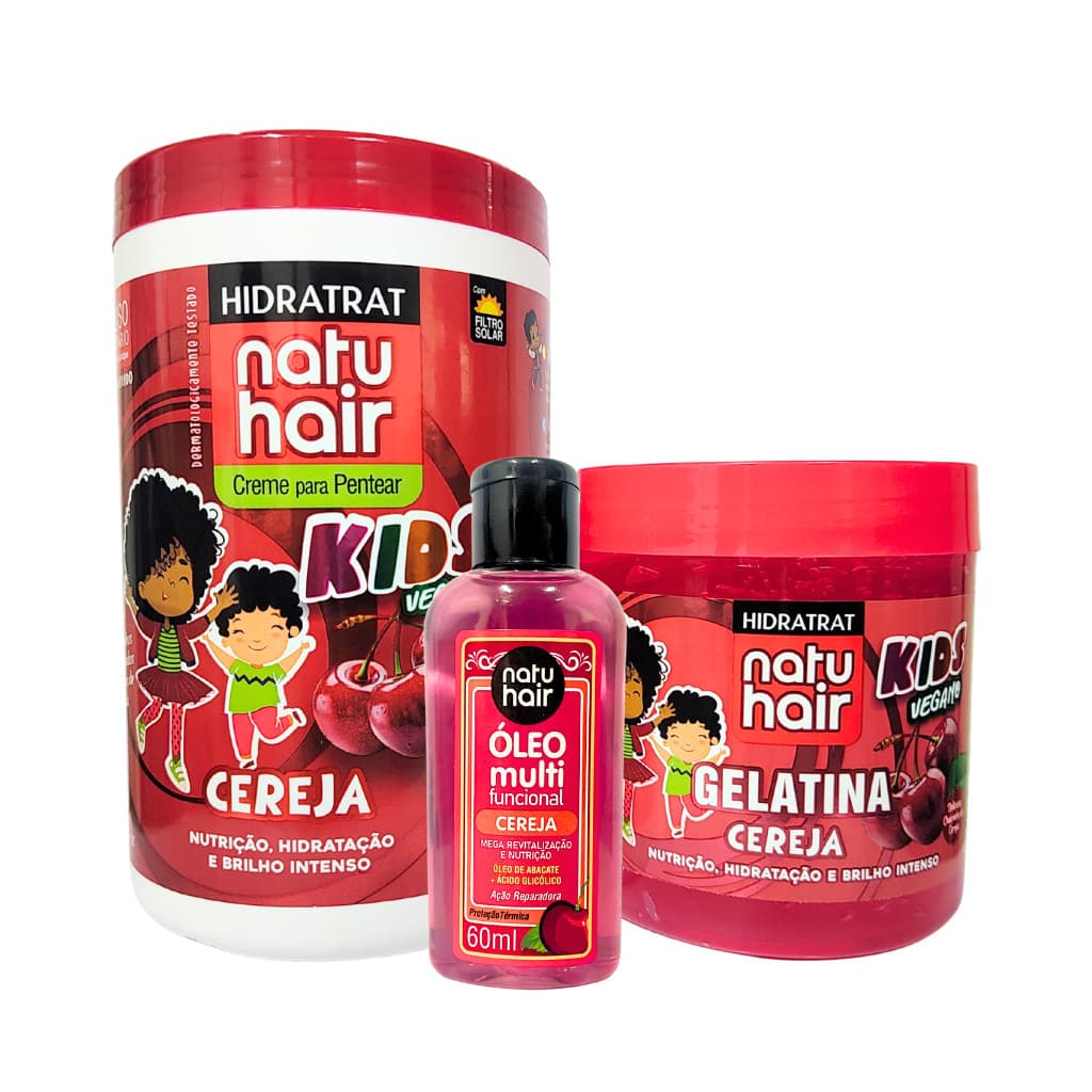 Kit Creme Para Pentear + Gelatina + Óleo Multifuncional Natuhair Cereja