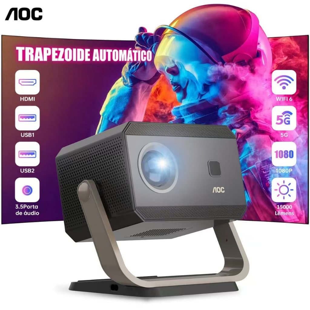 Projetor profissional AOC 8K 1080p Wi-Fi 18000lm Bluetooth Keystone automático Projetor de filmes e jogos