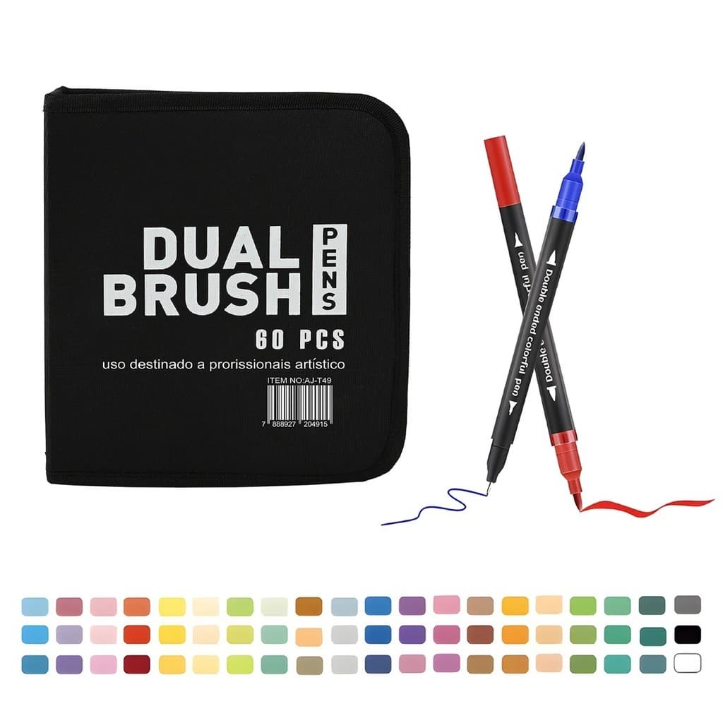 Kit 60 Cores Caneta Dual Brush Coloridas para Desenho e Lettering e Estojo de Armazenamento com Zíper