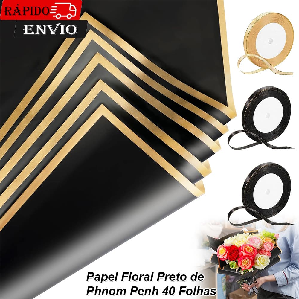 40 Folhas De Papel De Embrulho De Flores  Buquê De pretoBorda Dourada Fitas Com Fio Dupla Face Para Casamento