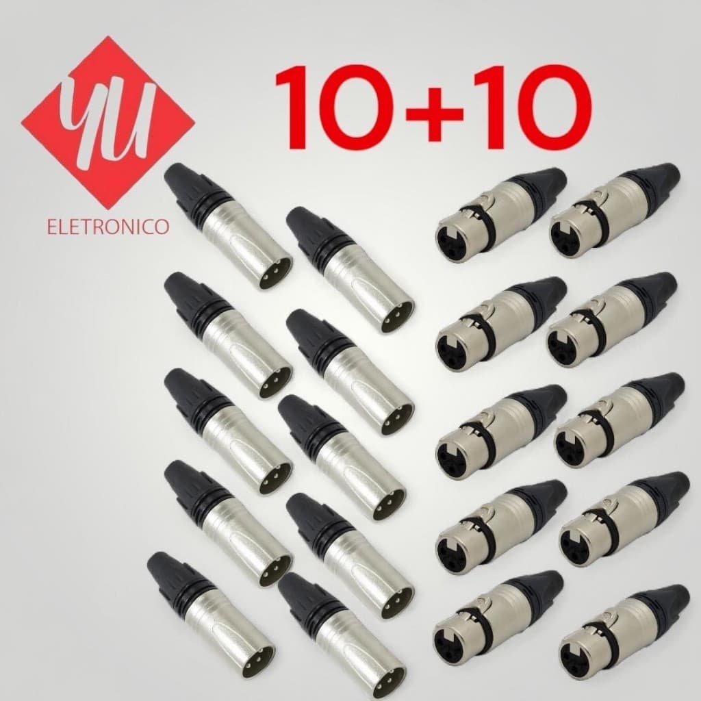 kit 20 Conector xlr cannon fêmea macho preto alta qualidade