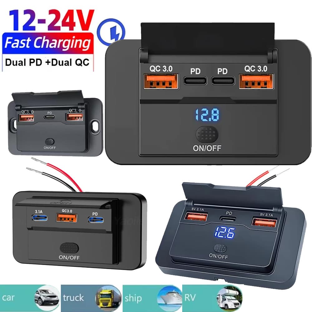 Adaptador De Tomada Para Carregador De Carro , 12V , 24V , 4 Portas , Com Interruptor , PD QC3.0 , À Prova D'água , 2/3/