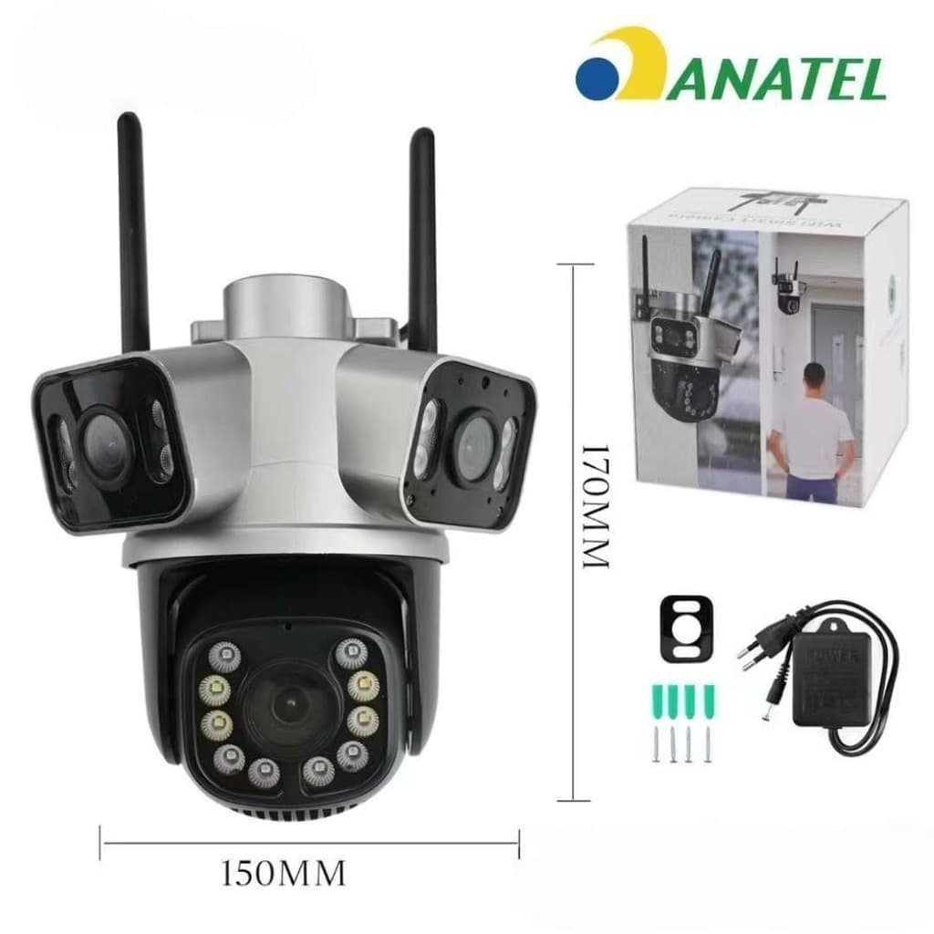 Câmera Segurança Externa 4K Wi-Fi 3 Lentes 180°, Zoom Ótico, IA Detecta Pessoa Animal , Visão Noturna, à Prova d'Água