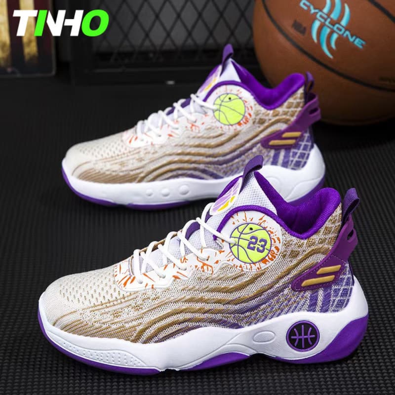 Sapatos esportivos voando tecido respirável das mulheres dos homens tênis de basquete tênis de vôlei