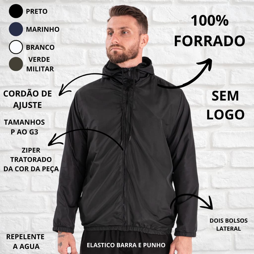 Jaqueta Corta Vento FORRADA Impermeável Com Capuz - Repelente a Água - Gola Alta - 100% Forrada