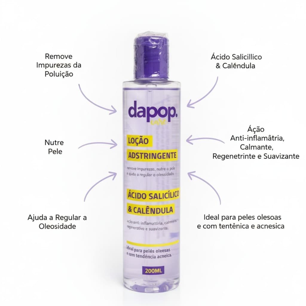 Loção Adstringente Ácido Salicílico & Calêndula, Ação Anti-inflamatoria 200ml - Dapop