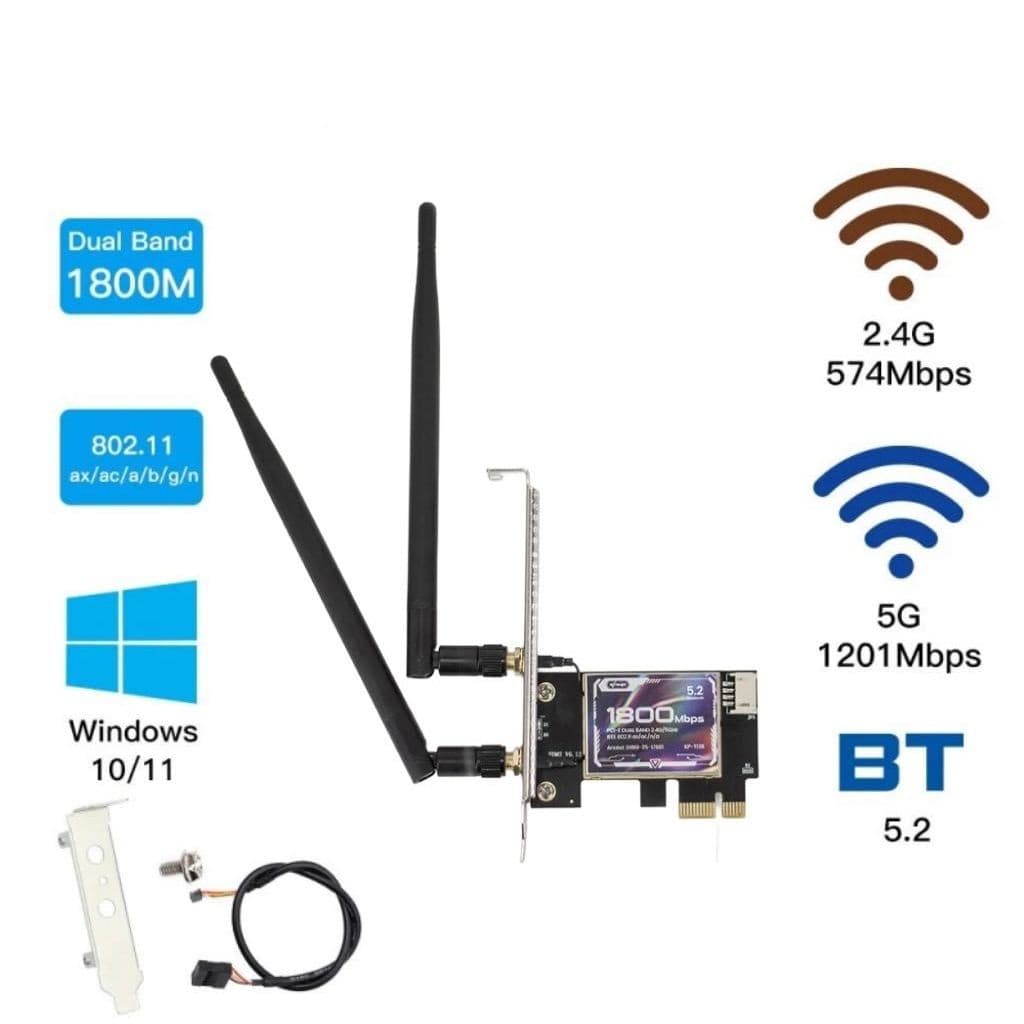 Placa Rede Wi-fi Dual Band 2.4/5.2G Bluetooth 5,2 PCI-E 1800Mbps, Compatível Desktop PC, Win e linux