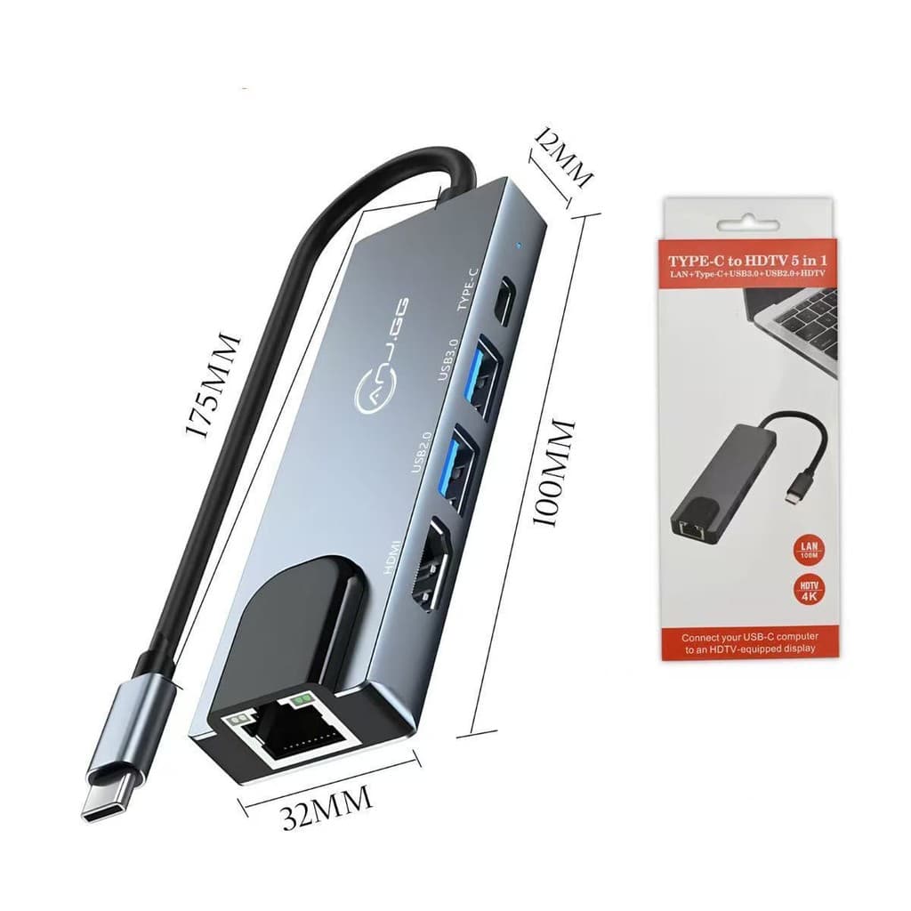 Adaptador USB C 4K HDI 5 em 1 com Ethernet, PD de 100 W, portas USB 3.0 e 2.0