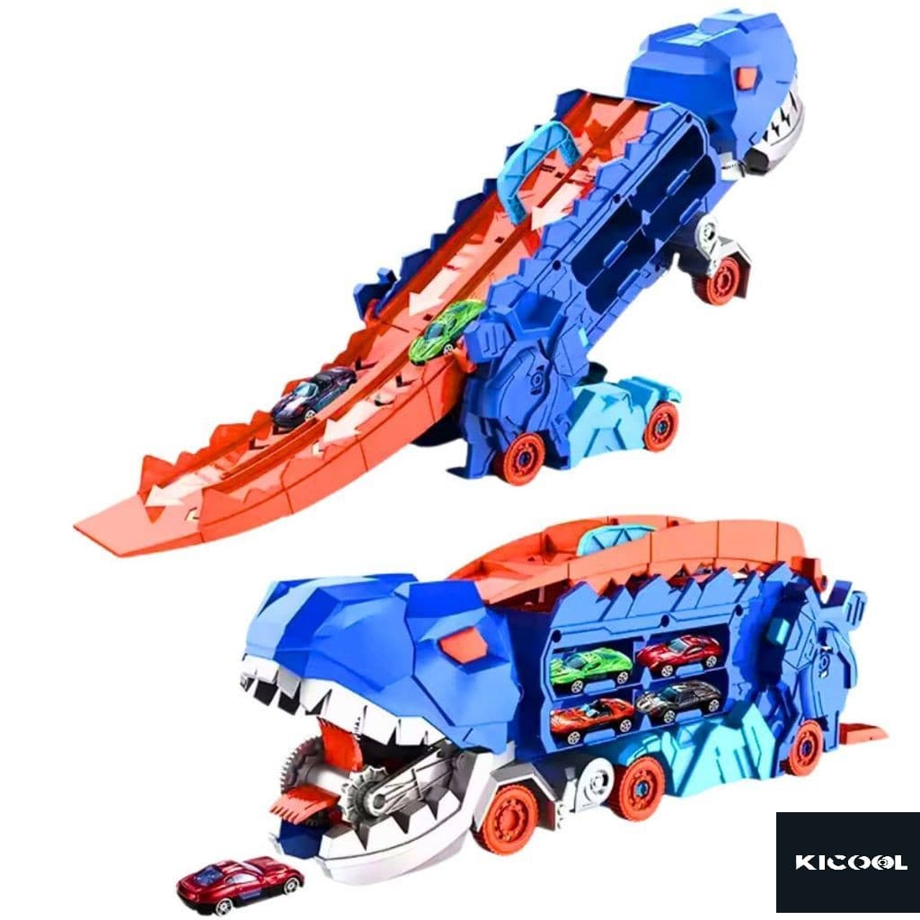 Caminhão Transporte Dinossauro T-Rex Ultimate Cegonha Pista Carrinhos Maleta KICOOL