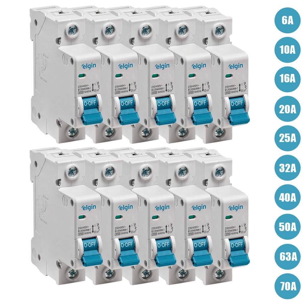 Kit 10 Disjuntor Monopolar Elgin 6A até 70A 1 Polo Din Curva C Bivolt Homologado Inmetro