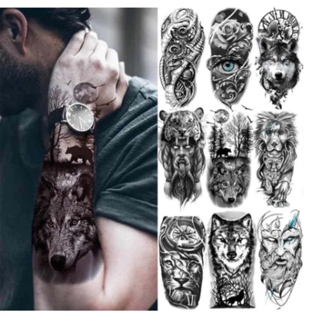 KIT 10 Tatuagem Temporária 3D Realista Grande 13x21cm Preta e Colorida