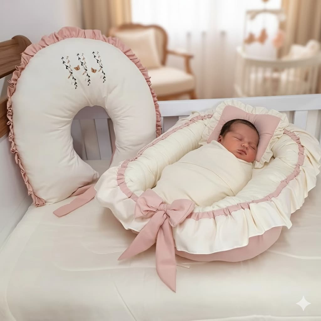 Ninho Redutor De Berço + Almofada de Amamentação com Babado e amarris Meninas RAMINHO