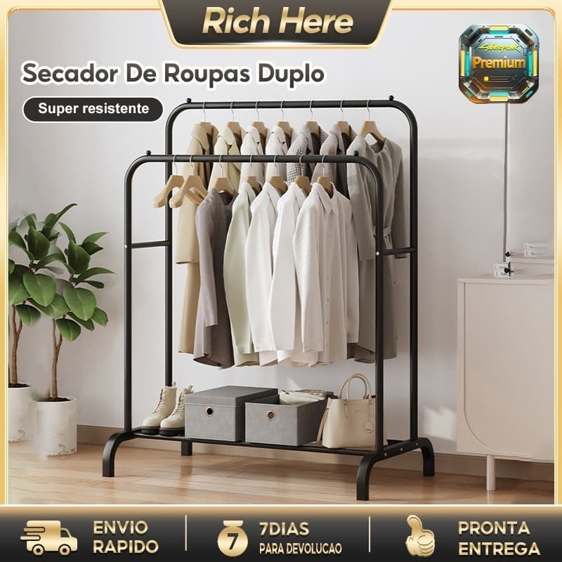 Cabideiro arara de Chão com Sapateira - Rack Organizador Portátil e Regulável para Roupas e Calçados