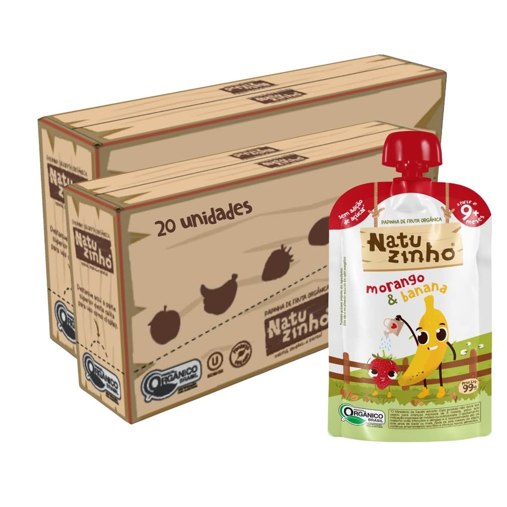 Kit Papinha Organica Natuzinho Morango Banana Bebe 20 unid
