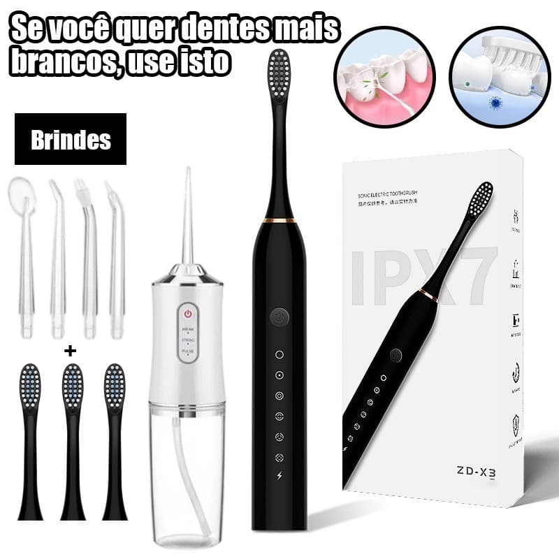 Kit Dental 2 em 1 Recarregável – Irrigador Bucal + Escova Elétrica Profissional Portátil..