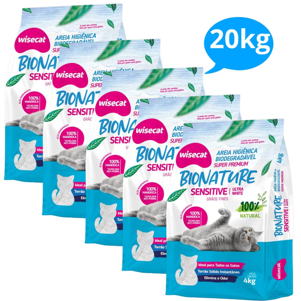 Kit 5 Areia Sanitária De Mandioca Grãos Finos Para Gatos Biodegradável Wisecat 20kg - BIMBO PETS