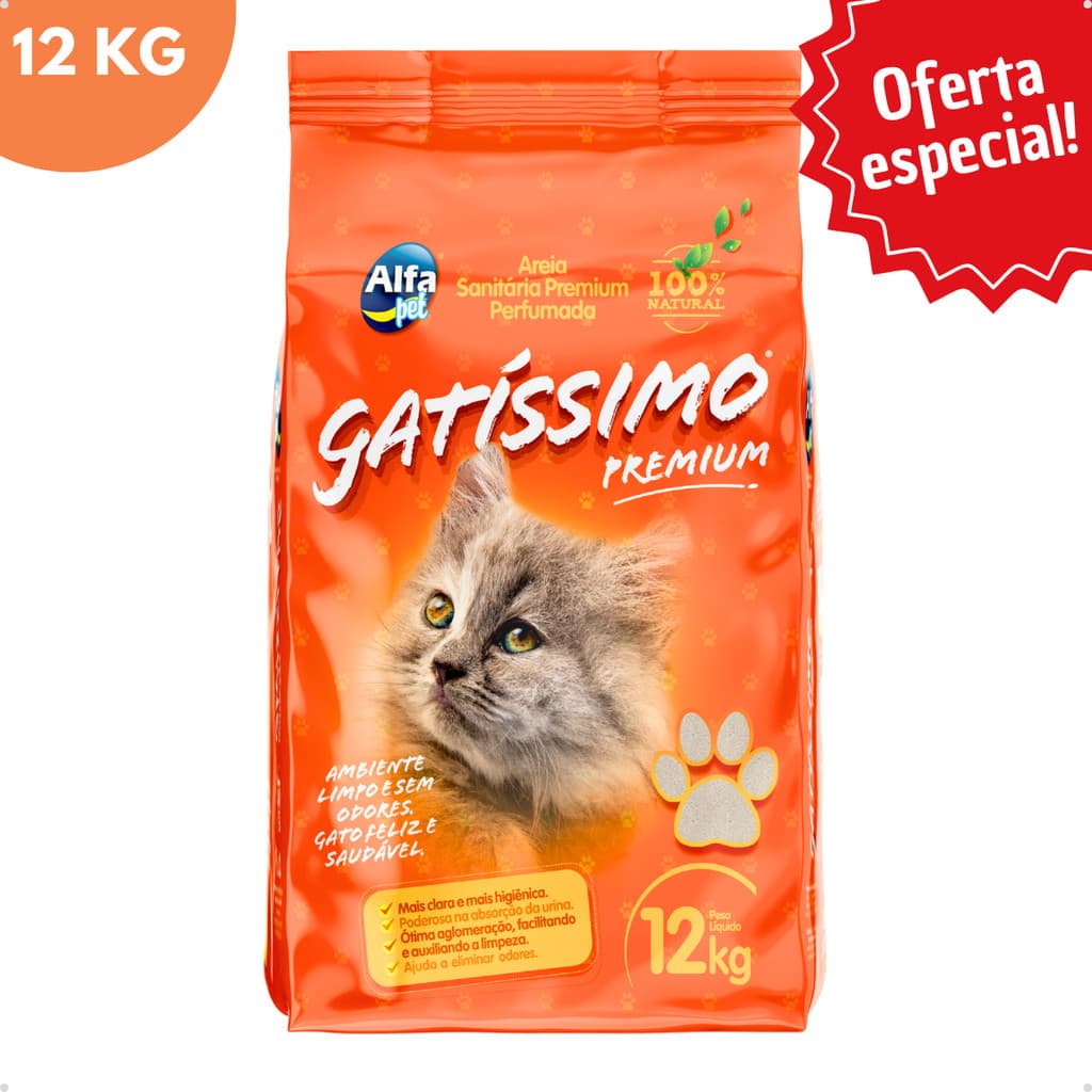 Areia Sanitária Higiênica Natural Argila para Gatos Premium Gatissimo Perfumada Grãos Médios 12Kg