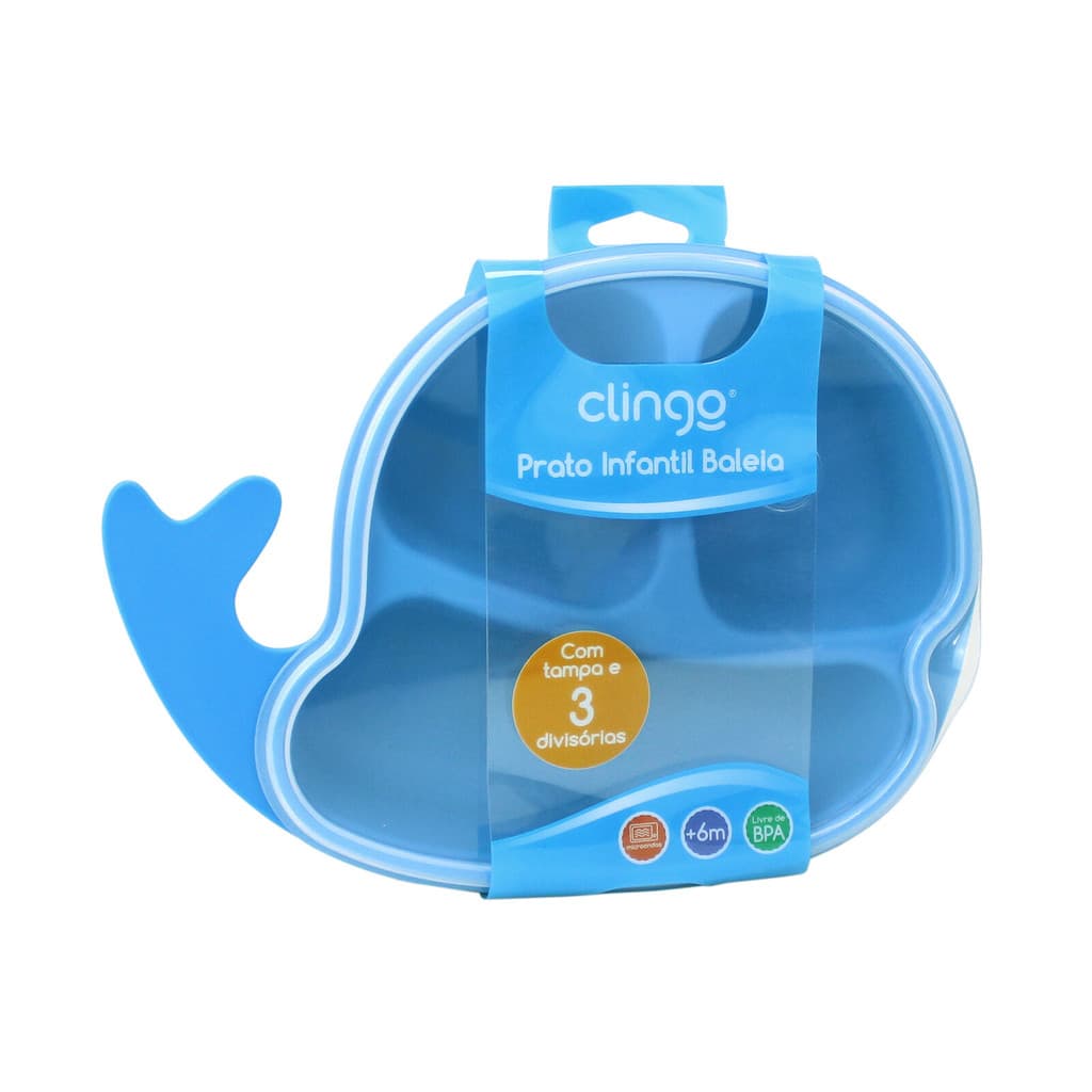 Prato Infantil Baleia Azul com Tampa e 3 Divisórias 6m+ Clingo BPA Free