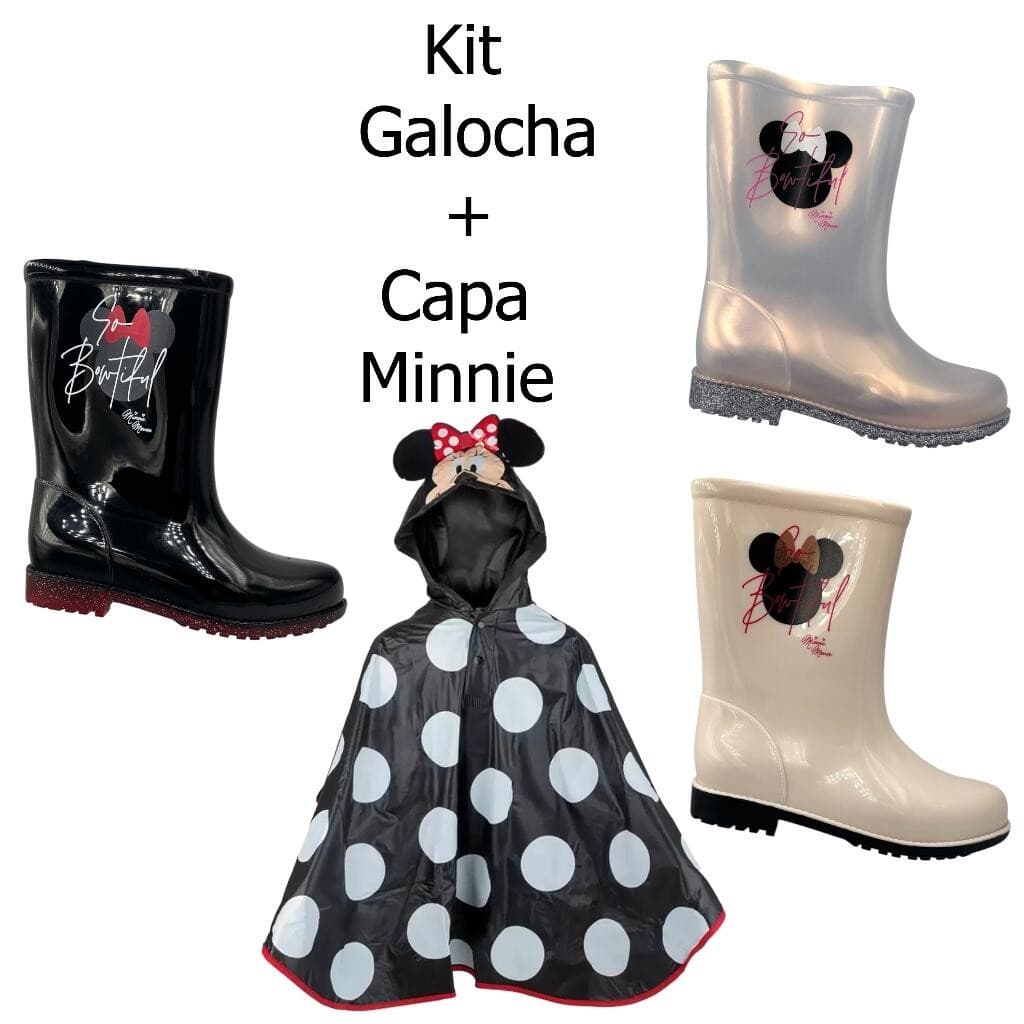 Bota Galocha Minnie Rain Fun Grendene + Capa De Chuva 23083 Original com NF Mickey Disney Infantil