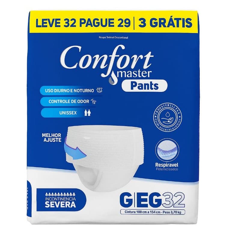 Fralda Descartavel Geriatrica Adulto Confort Master Pants G/EG  32 UNIDADES Incontinência Severa