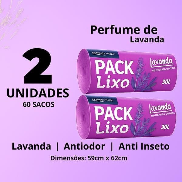 Saco de Lixo Perfumado 30L Lavanda Kit 1/2  Neutraliza Odores cheiroso  Resistente  30 e 60 Unidades