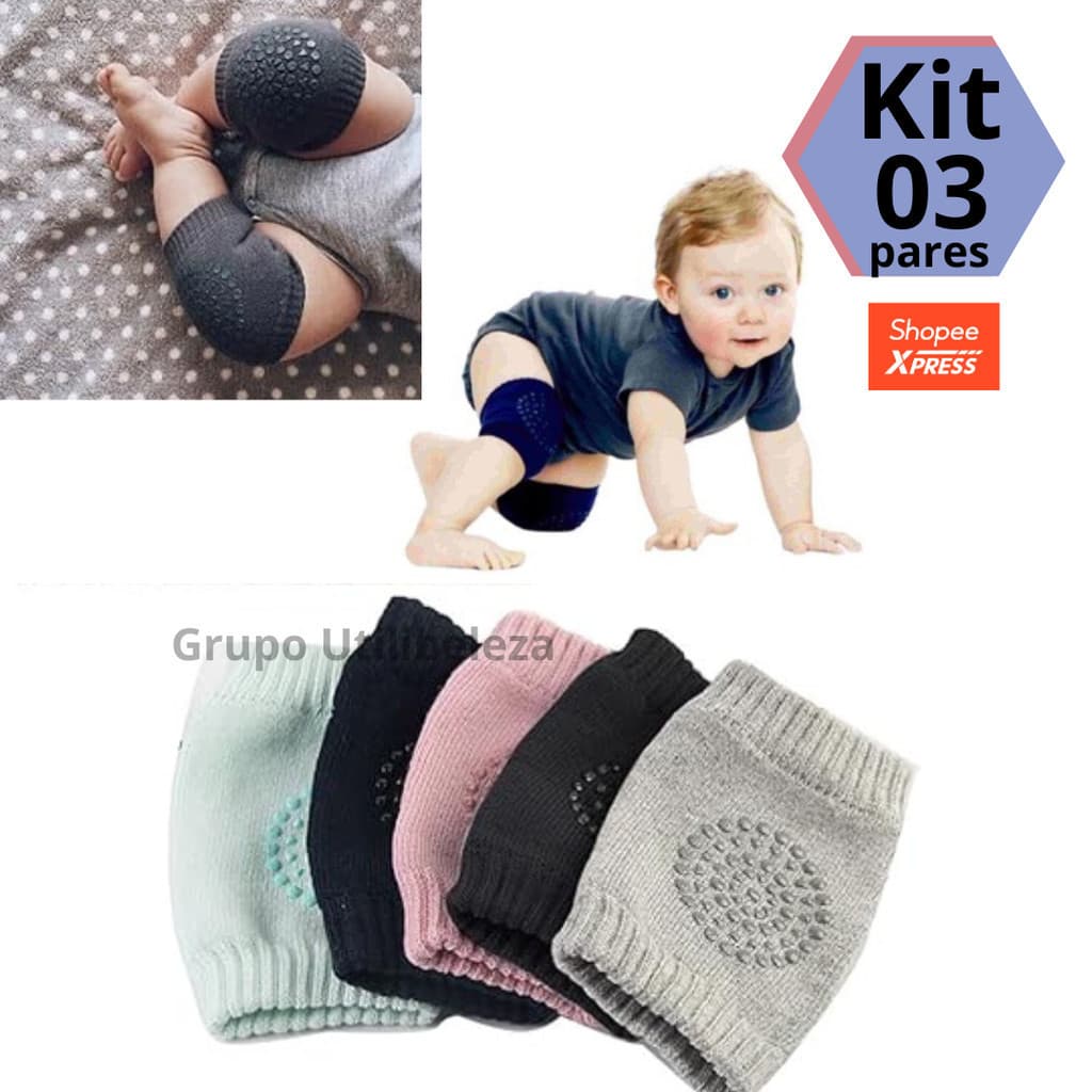 Kit de 3 Pares de Joelheira Protetor Infantil Antiderrapante para Bebê Engatinhar Proteção Segurança
