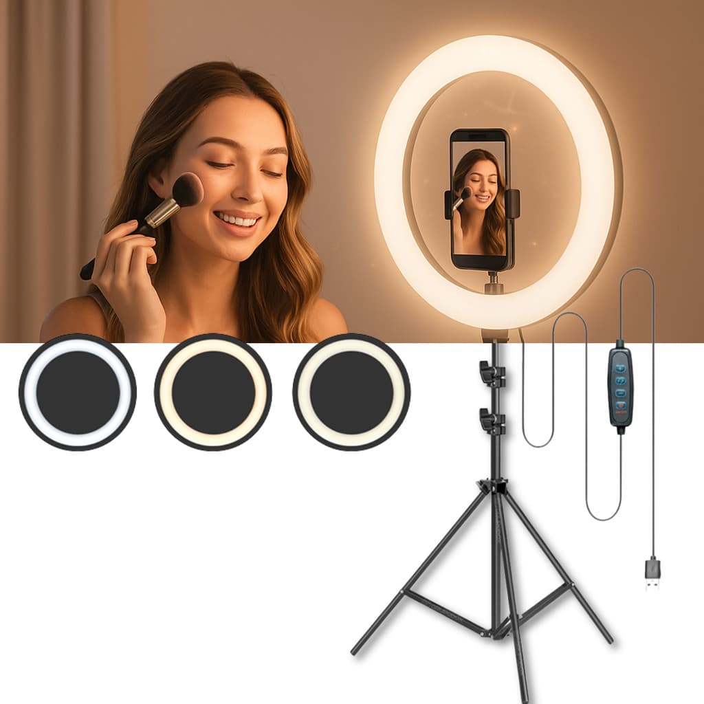Ring Light 10 Polegadas com Tripé Ajustável 2,1m 3 Cores de Luz para Vídeos Vlog Selfie TikTok