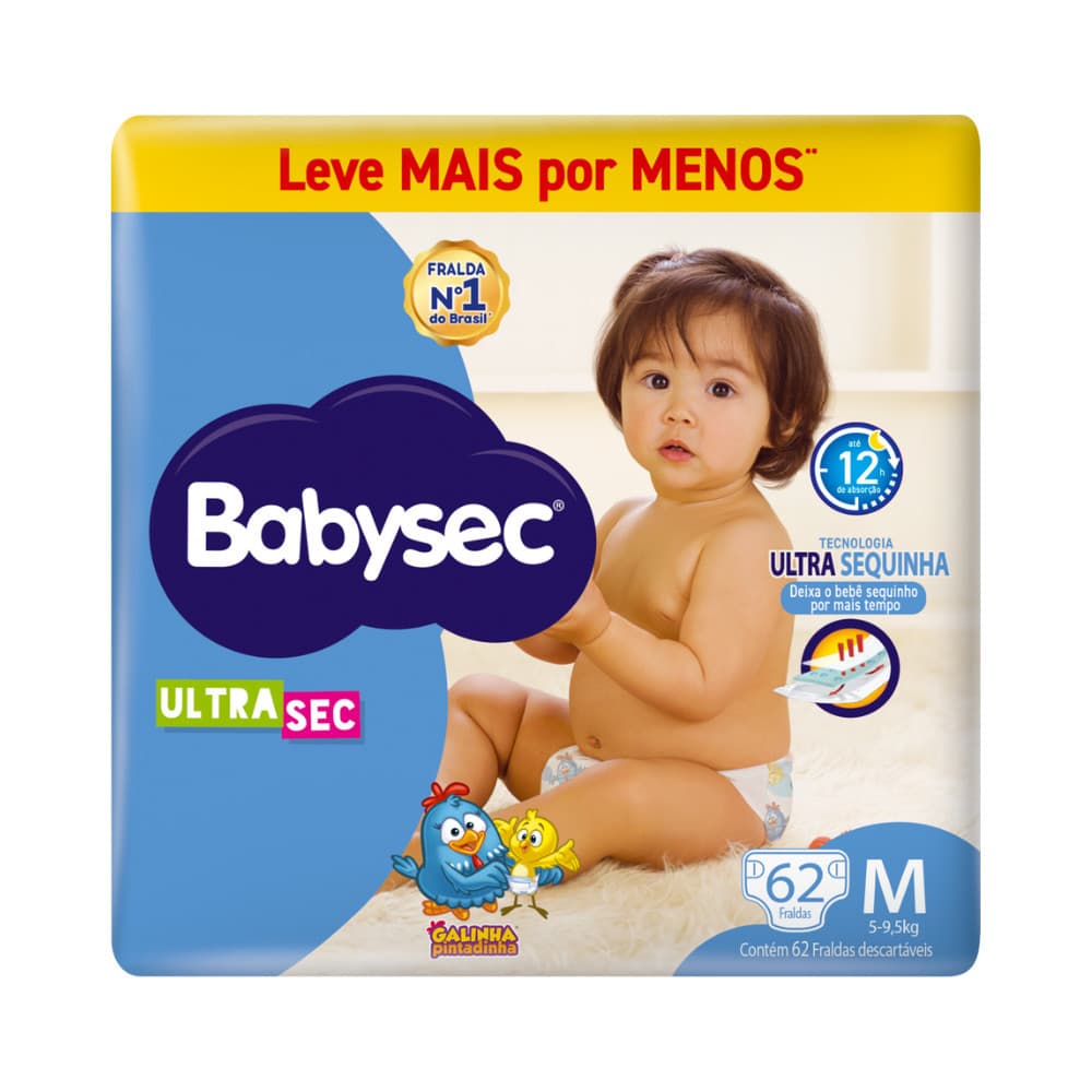 Fralda BabySec Hiper M 62 Unidades Ultrasec Galinha Pintadinha – Super Econômica Leve mais Pague menos
