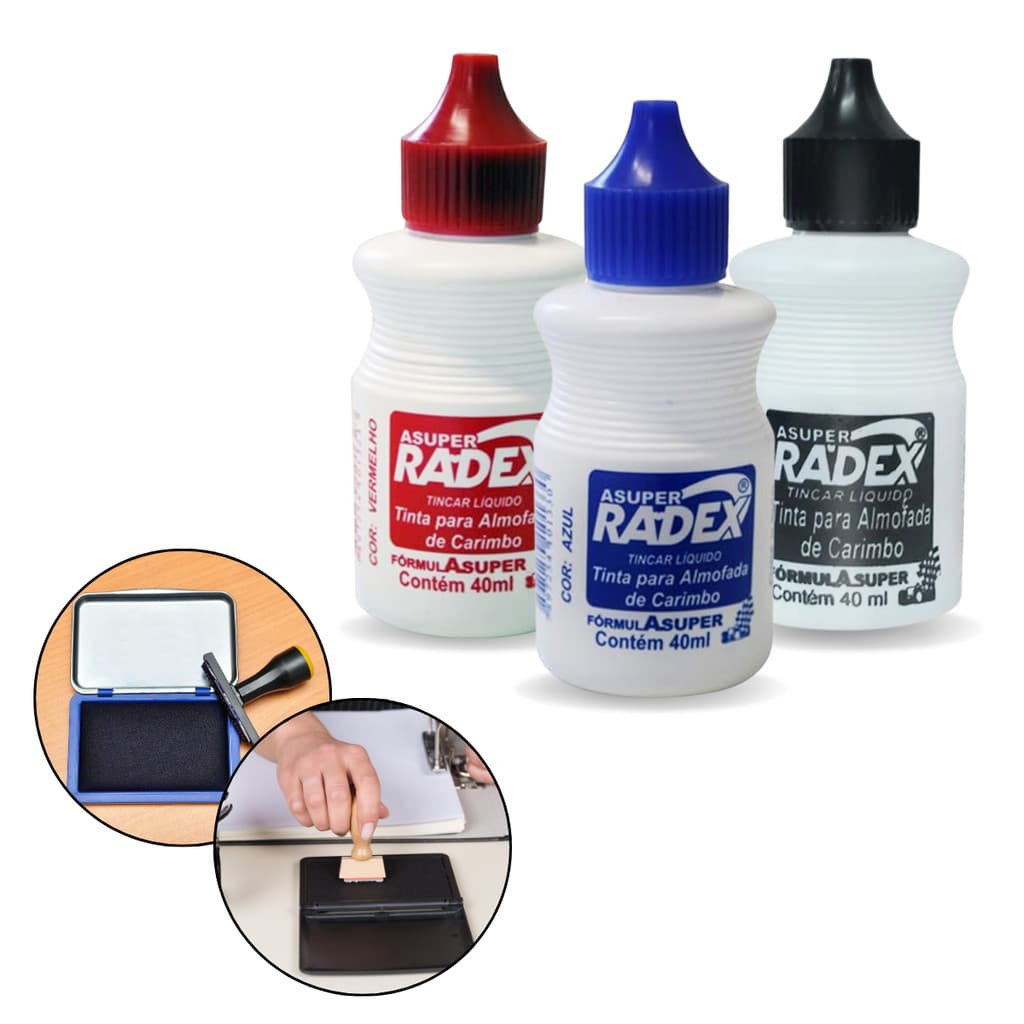 Kit 3 Tinta Azul + Preta + Vermelha Para Almofada De Carimbo Radex 40ml Refil