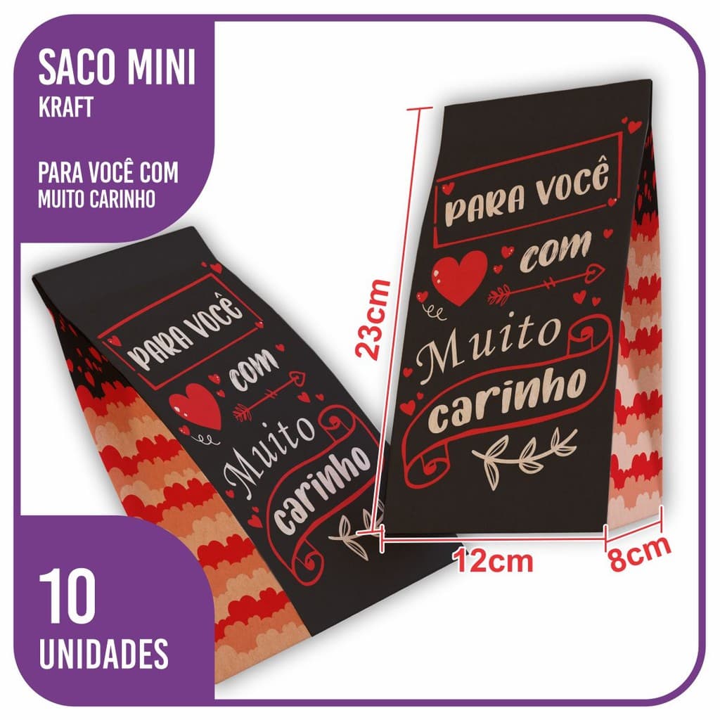 Saco Kraft MINI 12x8x23 Com Muito Carinho (MC) - 10 Unidades