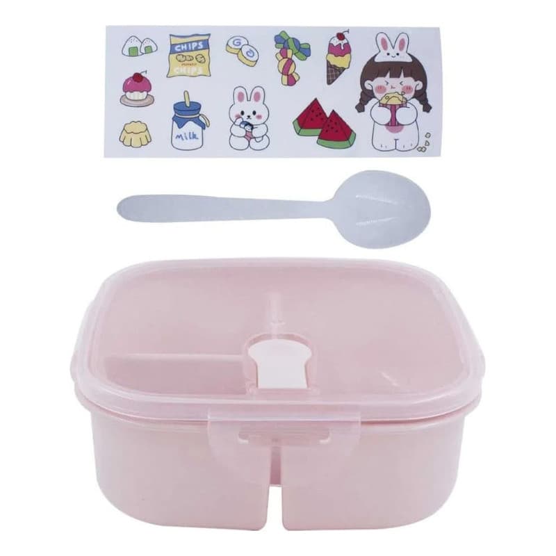 Marmita De Plástico Quadrada Com Divisórias Colher Infantil - Rosa