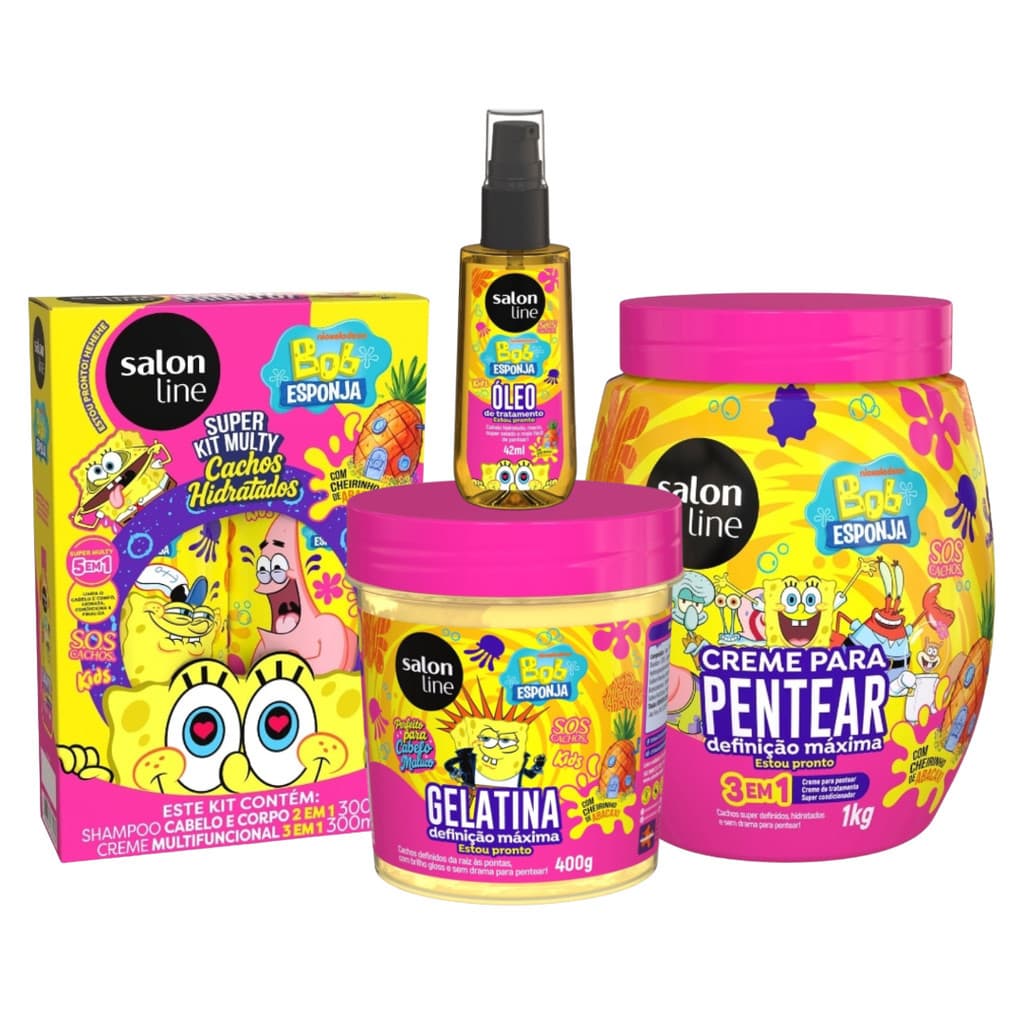 Coleção Completa SOS Cachos Kids Bob Esponja 5 Produtos Multifuncionais Salon Line