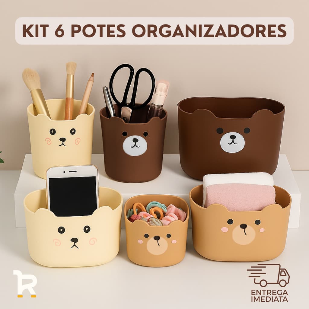 Porta Objetos Organizadores - Kit com 6 - Urso Capivara Multiuso de Mesa Trecos Pincéis Lápis