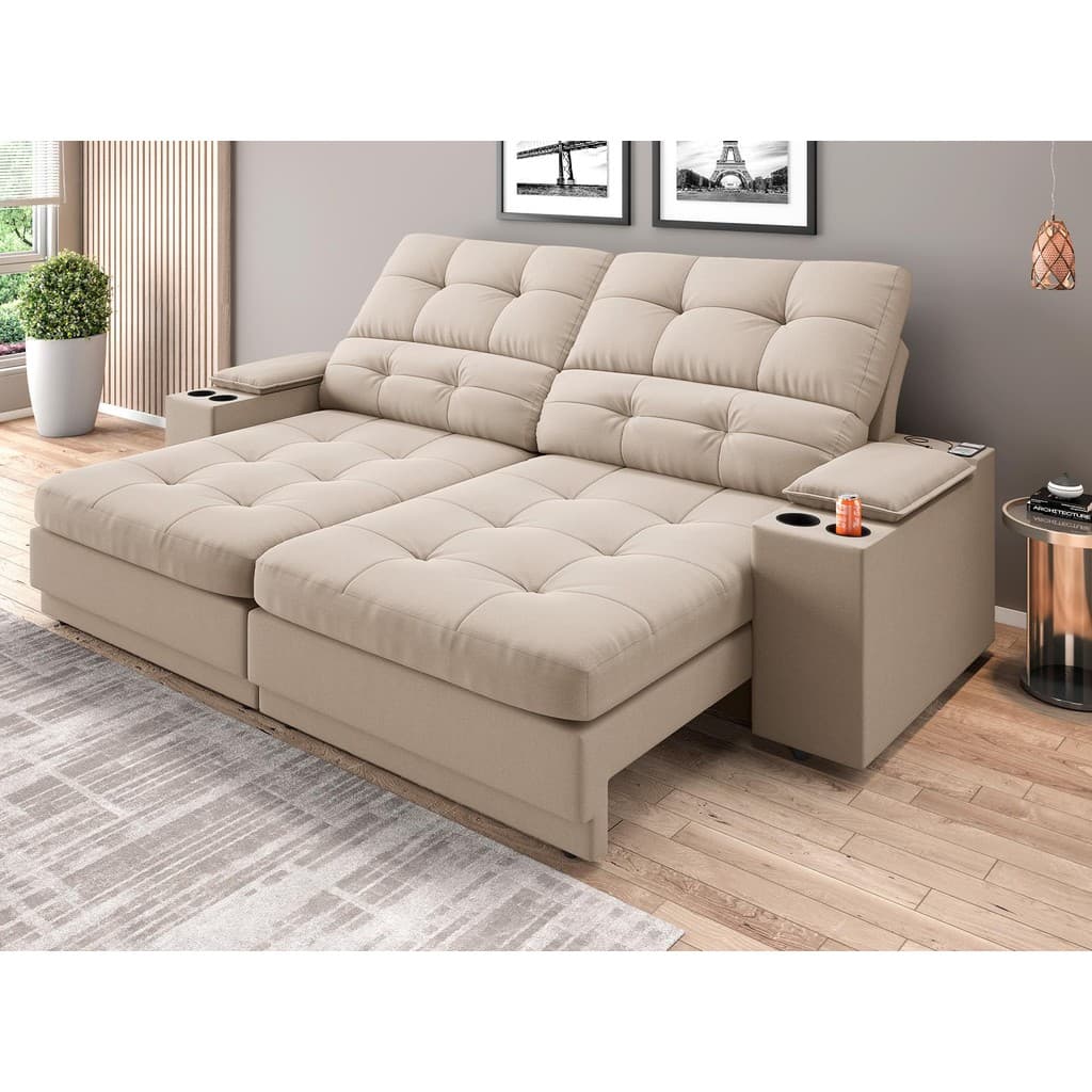 Sofá com Porta Copos e Carregador USB Eureka 2,00m Assento Retrátil e Reclinável Velosuede - NETSOFAS