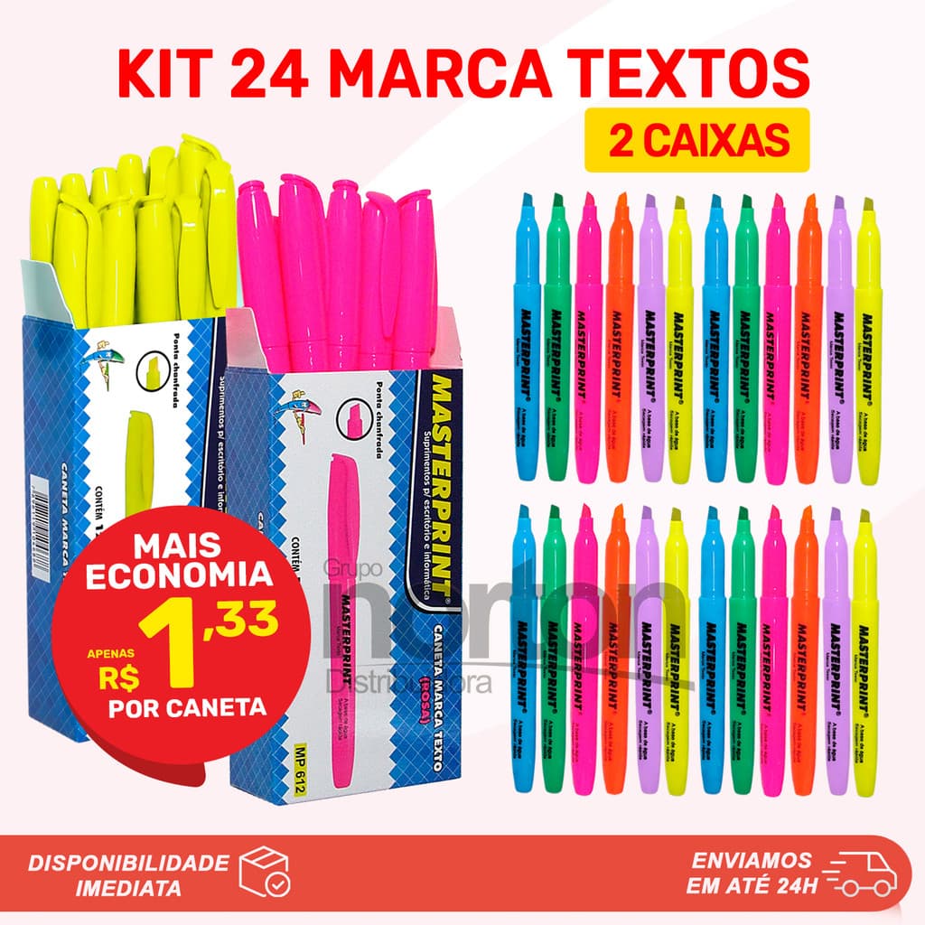 Kit 2 Caixas Marca Texto Masterprint Neon Grifa Texto Caixa com 12 Unidades