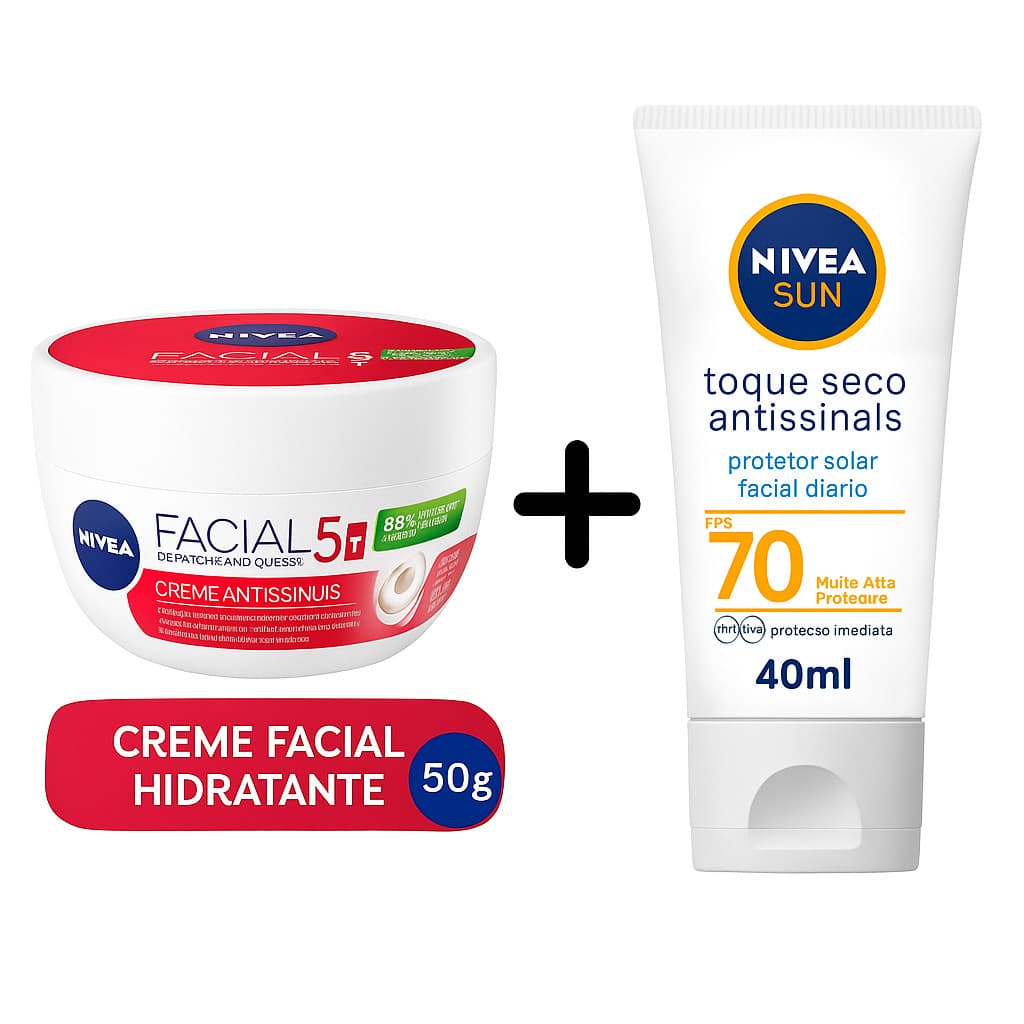 Kit Protetor Solar Facial Toque seco Antissinais FPS70 40ML + NIVEA Creme Facial  Antissinais 50G