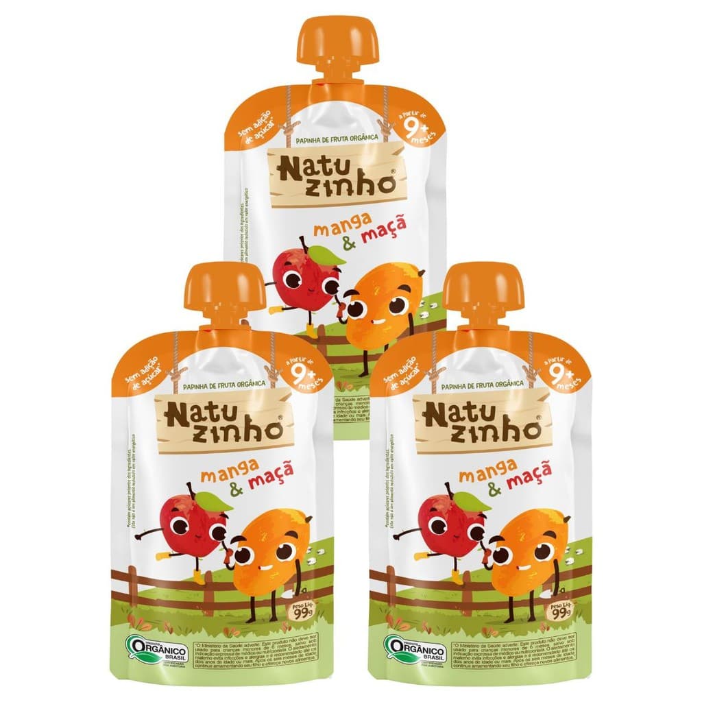 Kit Papinha Organica Natuzinho Manga Maça Bebe 3 unidades