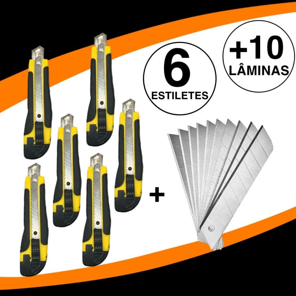 KIT COM 6 ESTILETES + 10 LAMINAS PROFISSIONAL ALTA QUALIDADE EMBORRACHADO 18MM C/LAMINA