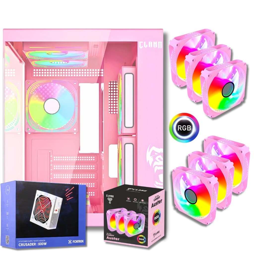 Gabinete Gamer Aquário Com 6 Fans Clanm Candy Rosa Fonte 500W Branca