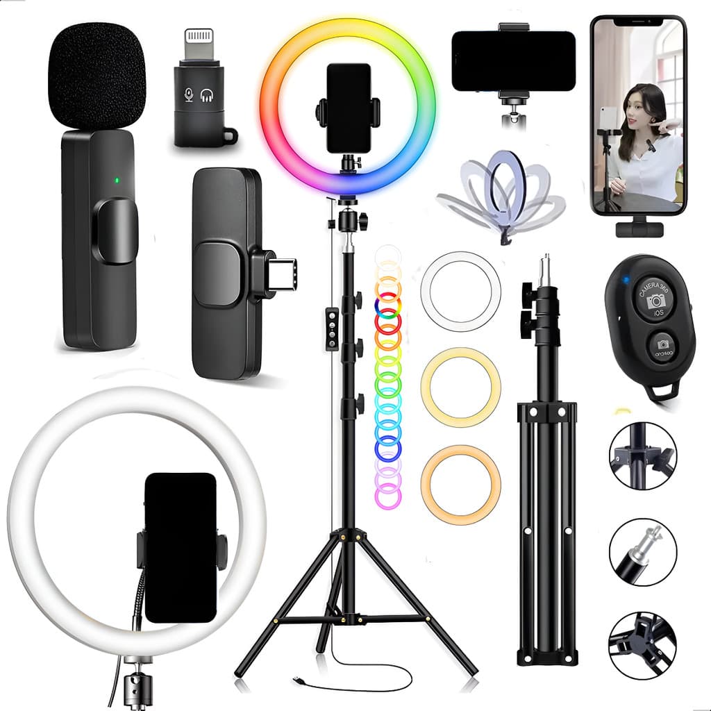 Kit Ring Light Luz Led Rgb + Tripé 2,10m + Lapela Bluetooth