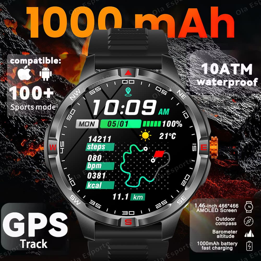 Novo 2026 Militar 1000mAh Bateria Relógio Inteligente 10ATM À Prova Dwaterproof Água GPS Pista Bússola Chamada Bluetooth