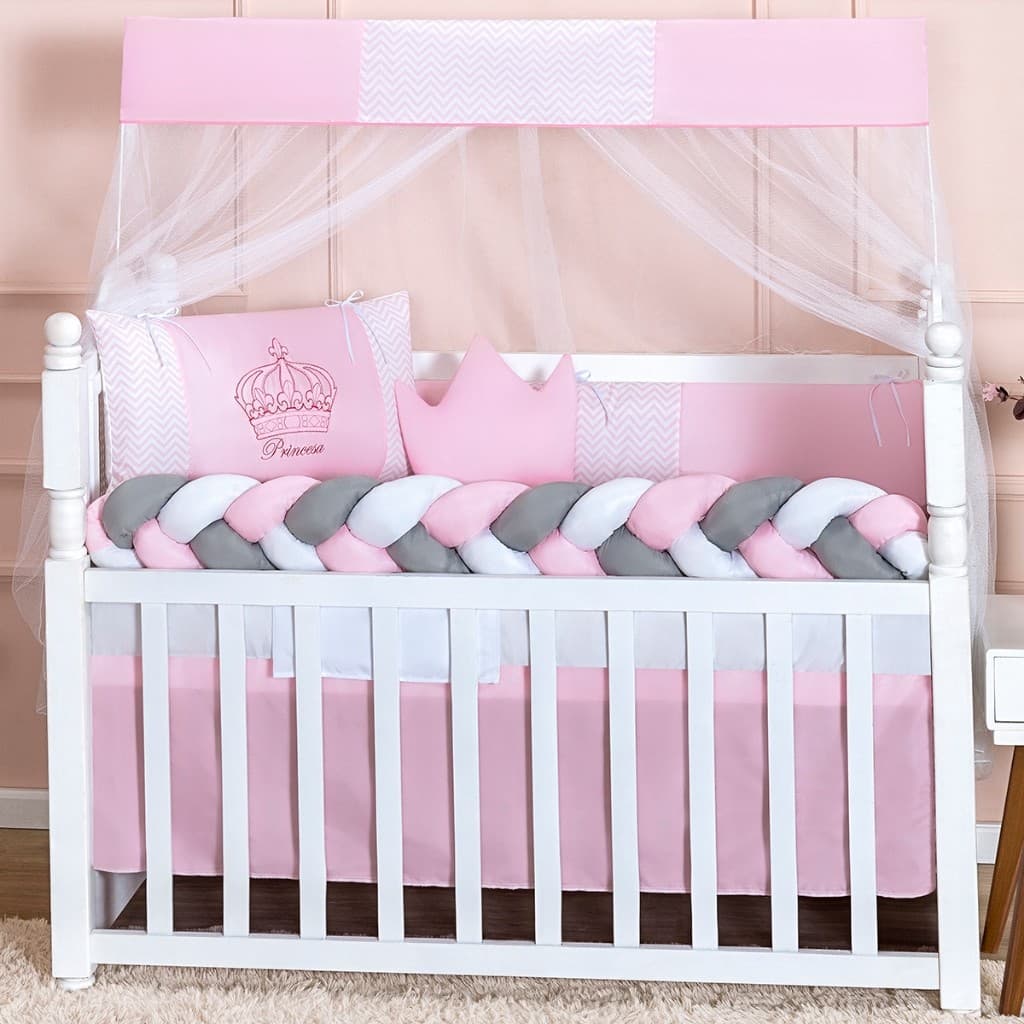 Kit Berço Almofadas E Saia Protetor Coroa Rosa Completo Slim