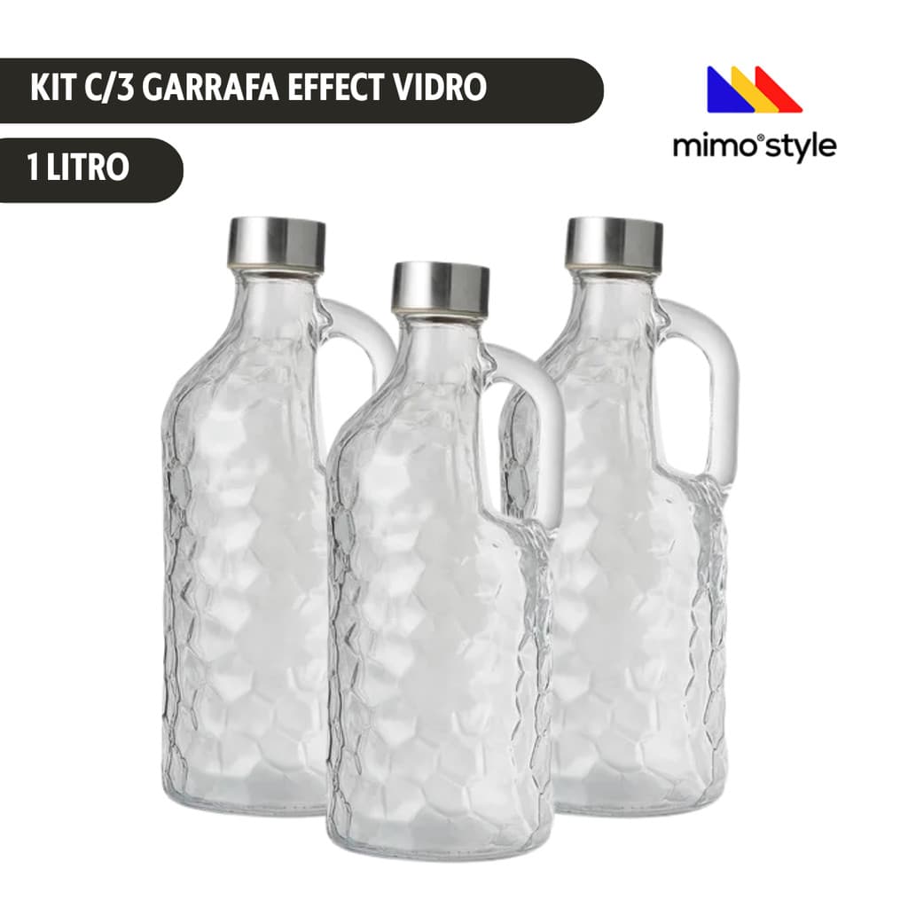 Kit c/3 unid Garrafa de Vidro Effect 1 Litro com Alça Mimo Style