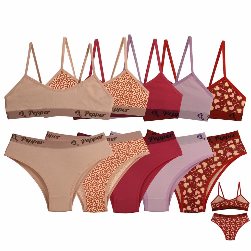 Kit 5 Conjuntos Juvenil Cotton Algodão 8% Calcinha E Sutiã