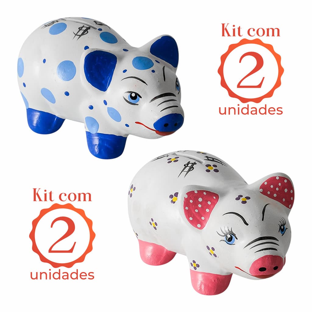 Kit 2 Cofrinho Porquinho Faiança Pintado Mao Quebra Guardar Moedas Dinheiro Cores Variadas Decoração