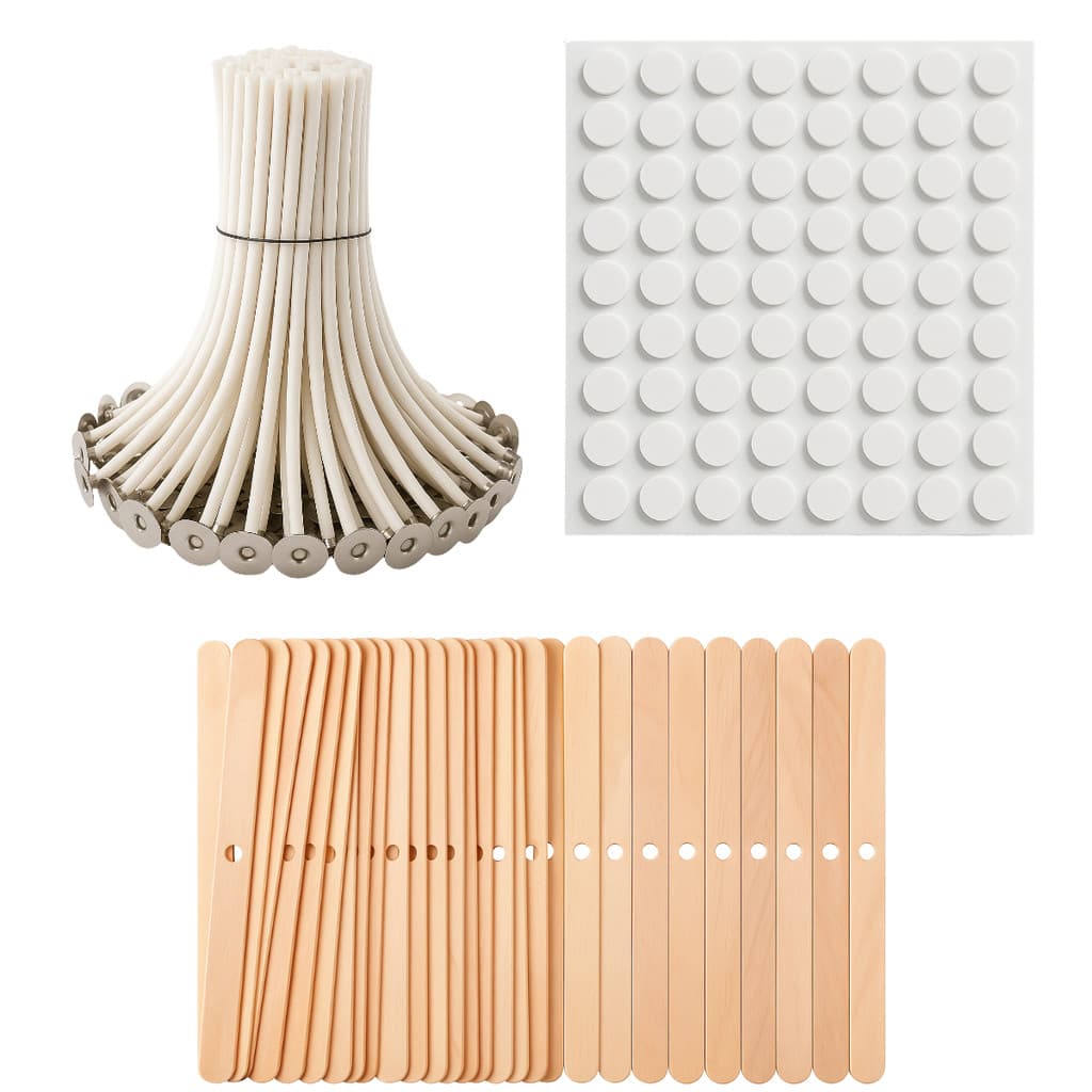 Kit Pavio Velas Algodão Artesanais Decorativas 3mm + 100 Adesivos 1cm + 25 Centralizadores Madeira