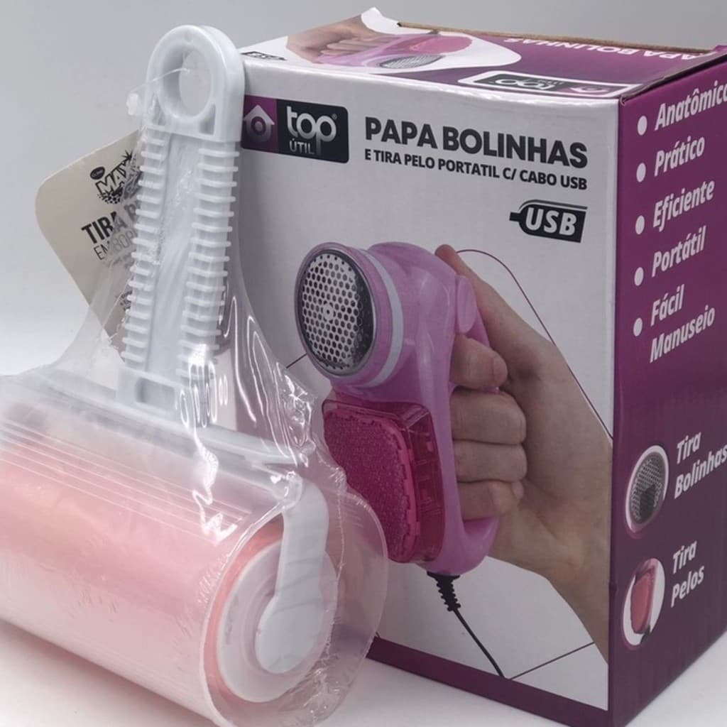 Kit Papa Bolinhas USB Tira Pelos Portátil + Rolo Tira Pelos Lavável Plástico Original