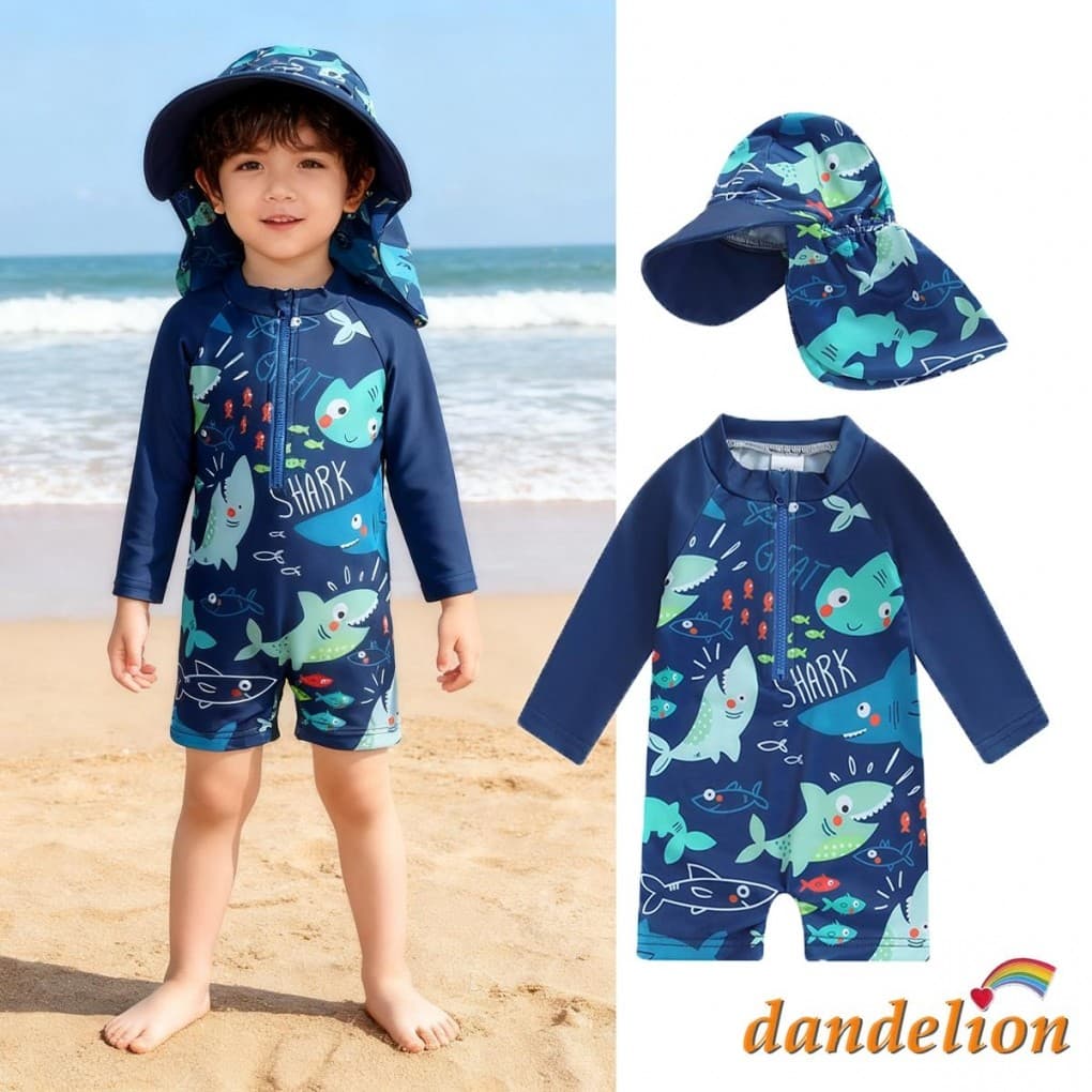 0-5 Anos Criança Bebê Menino Rash Guard Maiô Com Chapéu Peixe Tubarão Padrão Zip Up Manga Longa Tripulação Pescoço Traje
